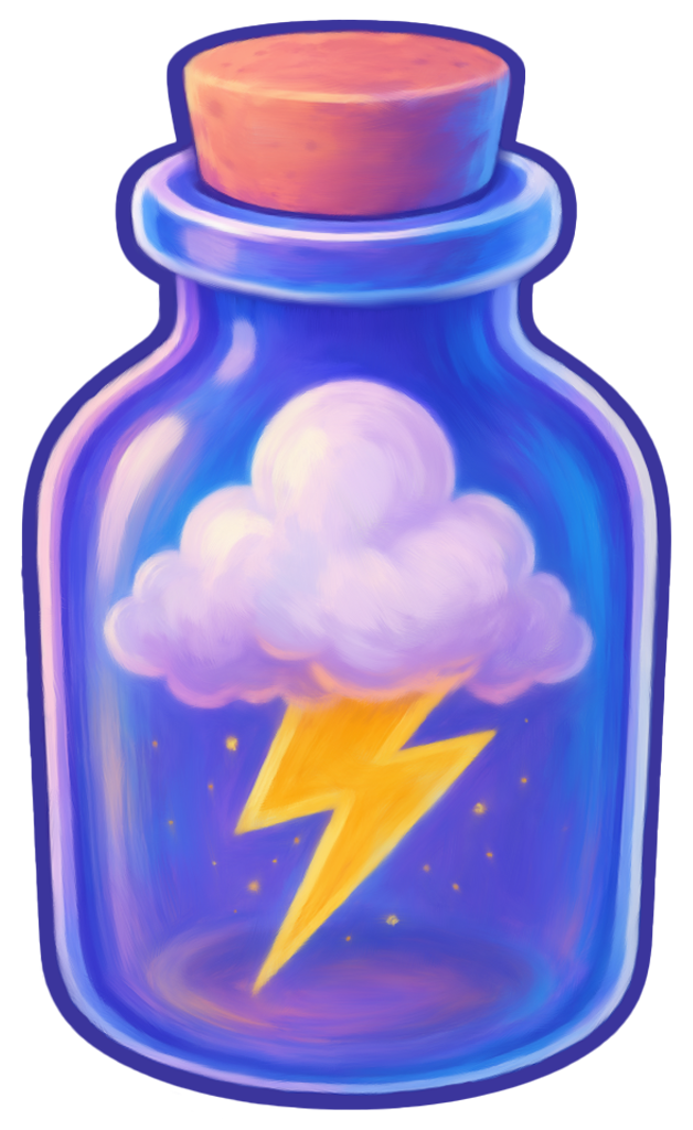 Illustration of a storm cloud and lightning bolt inside a glass bottle