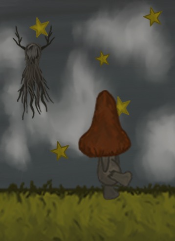 Illustration of a mushroom character and a spectral tree character