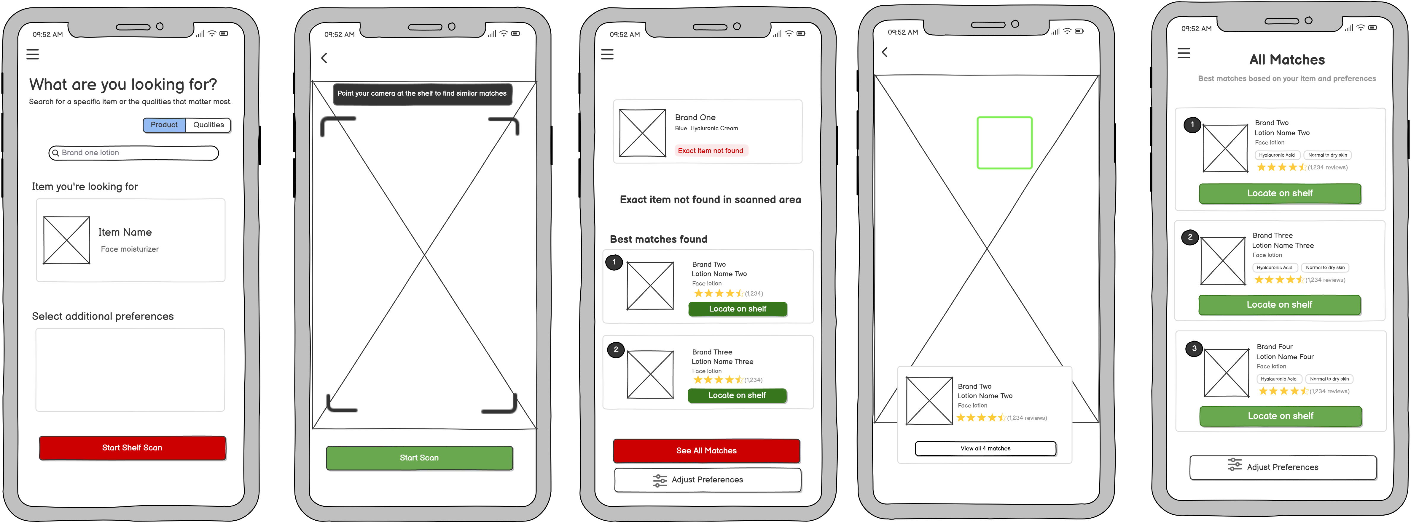 Draft 1 wireframes of the AI Shelf Scan flow