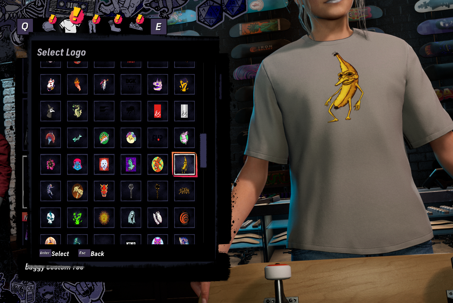 In-game logo select screen showing the Rumple Peelskin design applied to a skater's shirt
