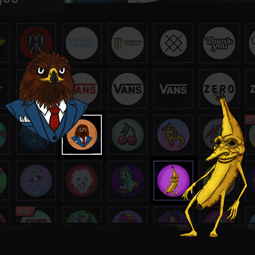 Custom skater icons among the in-game icon grid, including Bidness Hawk and Rumple Peelskin